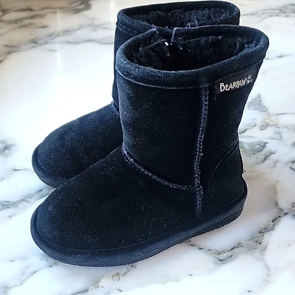 BEARPAW Emma Toddler Size 7 Black Suede Sherpa Lined Zip Winter Boots